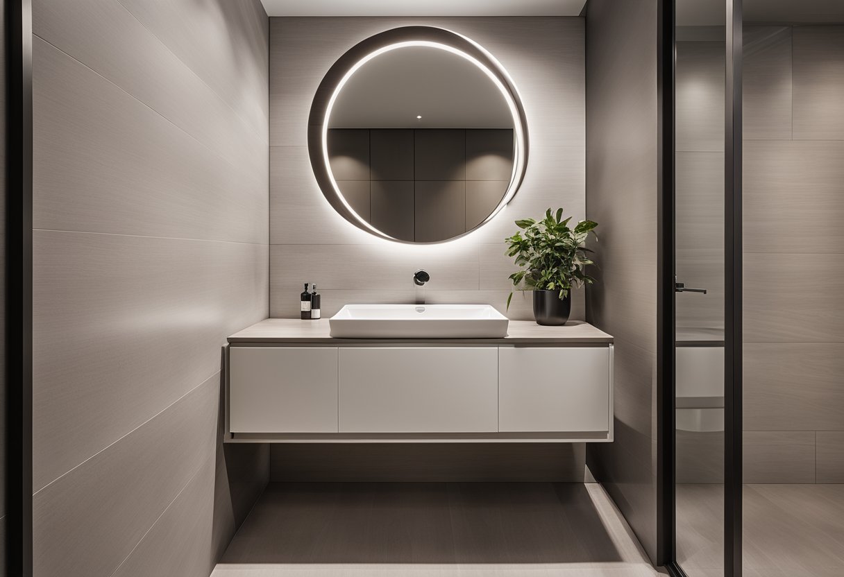 A sleek, minimalist toilet with clean lines and a wall-mounted flush panel. The toilet is surrounded by modern fixtures and finishes, with a large mirror reflecting the contemporary design