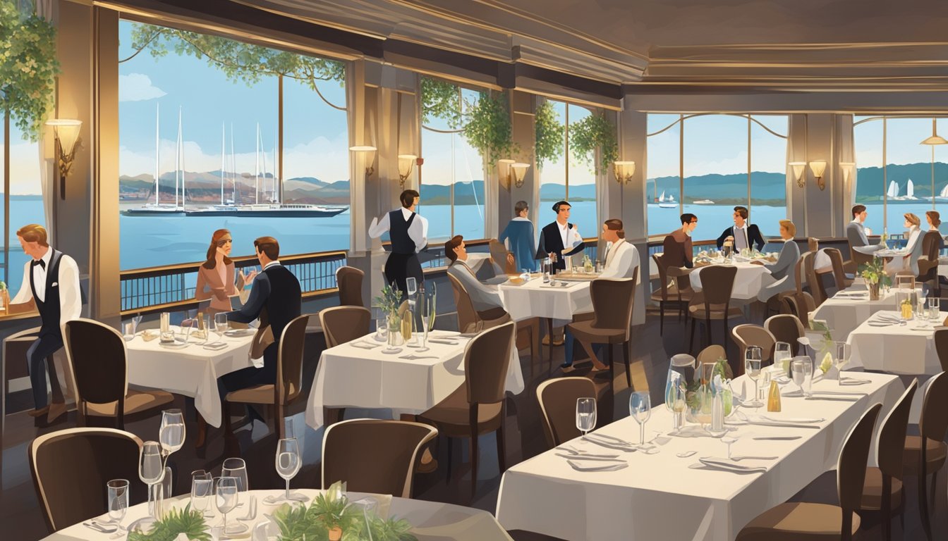 A bustling restaurant with elegant decor and a view of the waterfront. Tables are set with fine linens and sparkling glassware, while patrons enjoy their meals and drinks