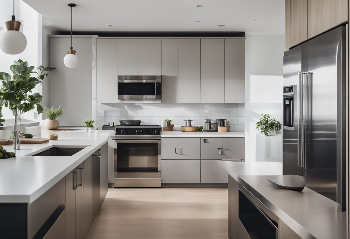 A sleek, minimalist kitchen space with modern furniture and clean lines. Stainless steel appliances and a neutral color palette create a contemporary and stylish atmosphere