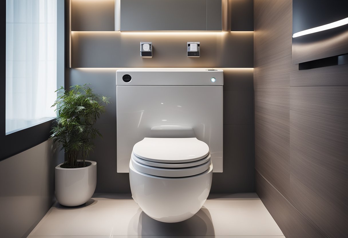 A sleek, futuristic toilet with touchless flush, heated seat, and built-in bidet. LED lighting and minimalist design complete the modern aesthetic