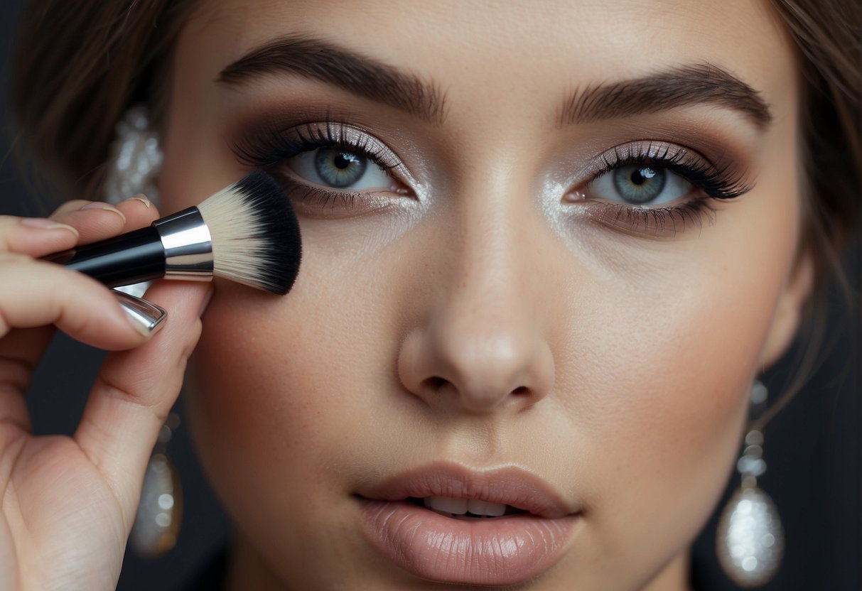 Grey-eyed model selects makeup and fashion items