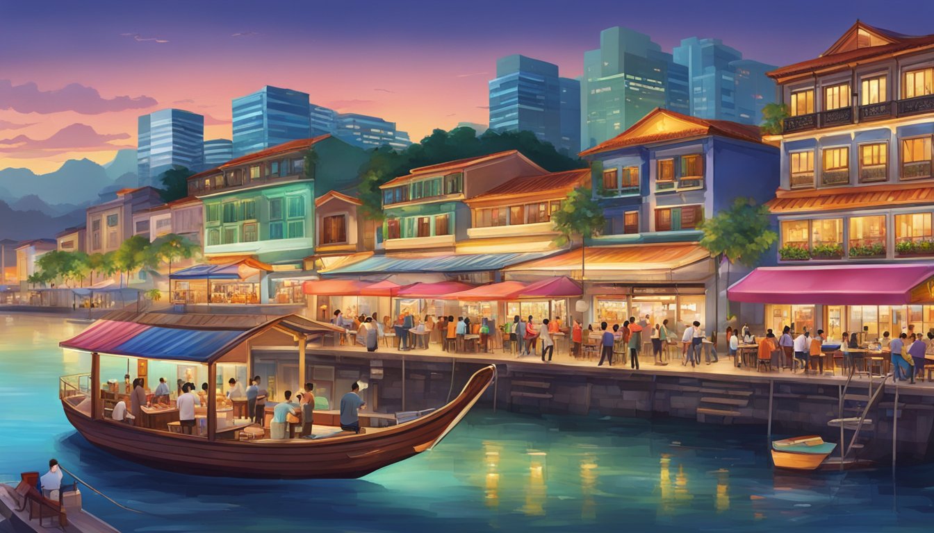 Boat Quay's bustling scene with colorful restaurants and bars by the water, filled with lively patrons and vibrant energy