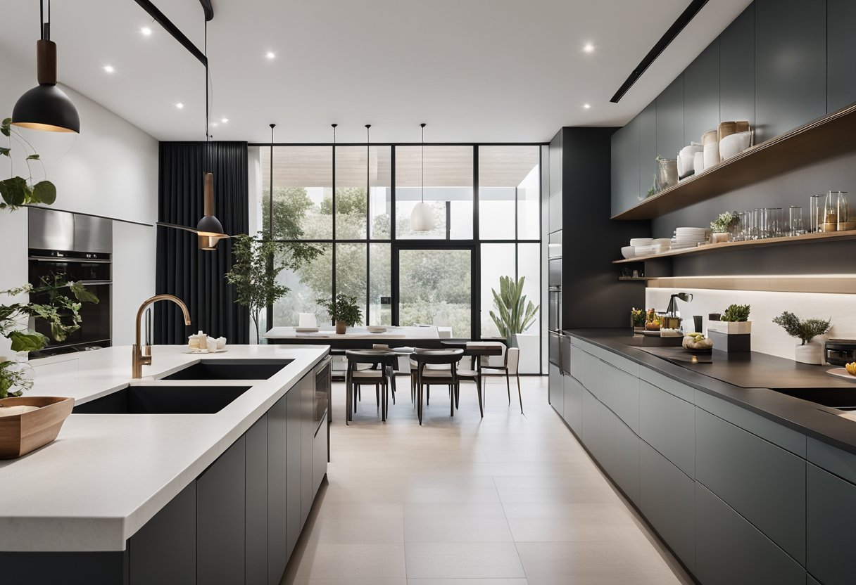 A sleek, minimalist kitchen with clean lines and high-quality materials. The furniture is modern and functional, with innovative storage solutions. The color scheme is neutral, with pops of bold accent colors