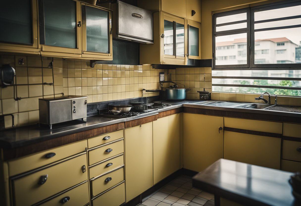 An old HDB kitchen with vintage tiles, worn wooden cabinets, and a retro stove. The walls are faded yellow, and the window overlooks a bustling street