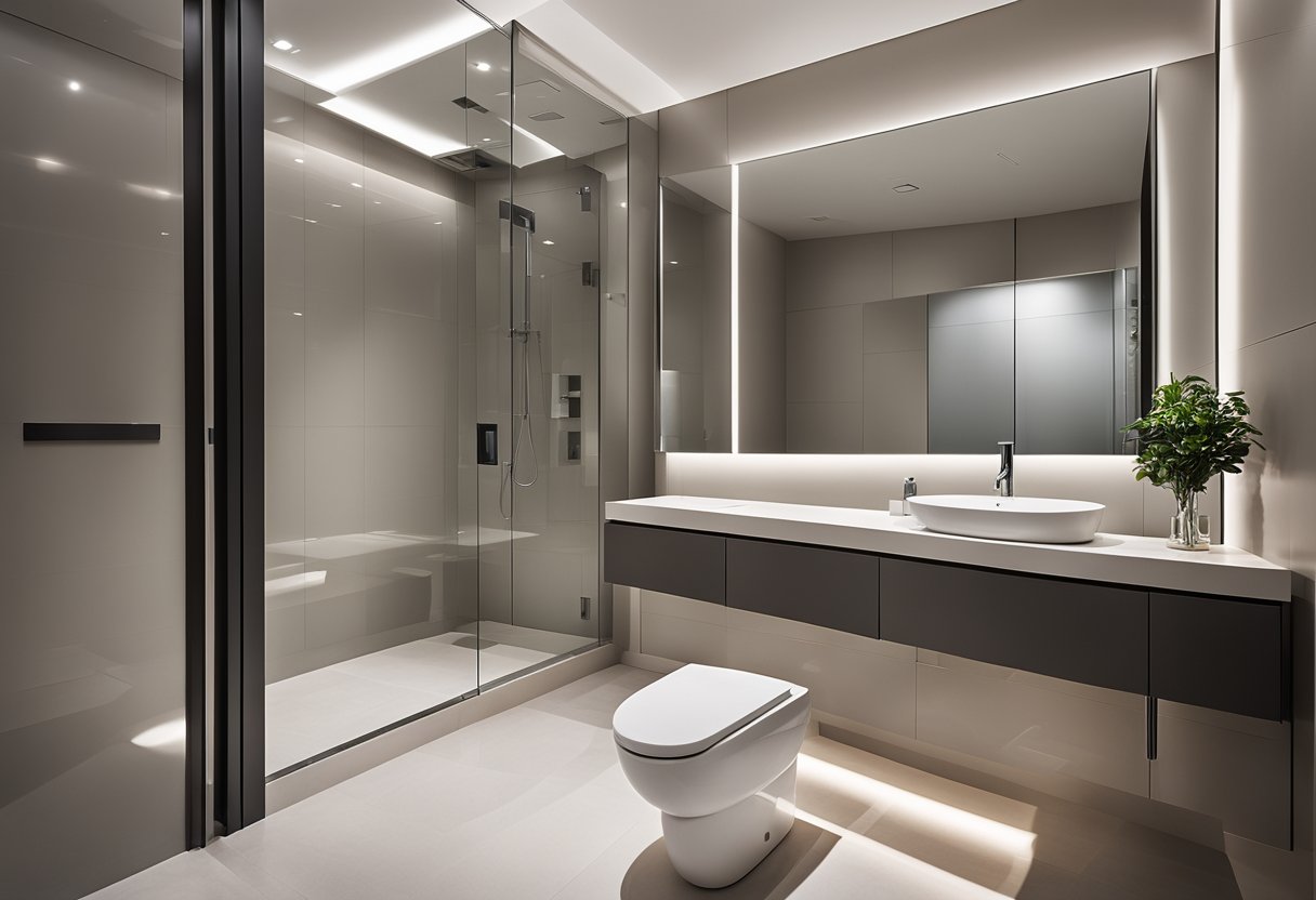 A sleek, minimalist toilet with clean lines, chrome fixtures, and a floating vanity. A large mirror reflects the modern design