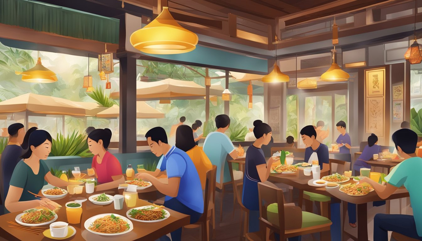 A bustling Thai restaurant in Singapore with colorful decor, steaming plates of pad thai, and the aroma of lemongrass and chili filling the air