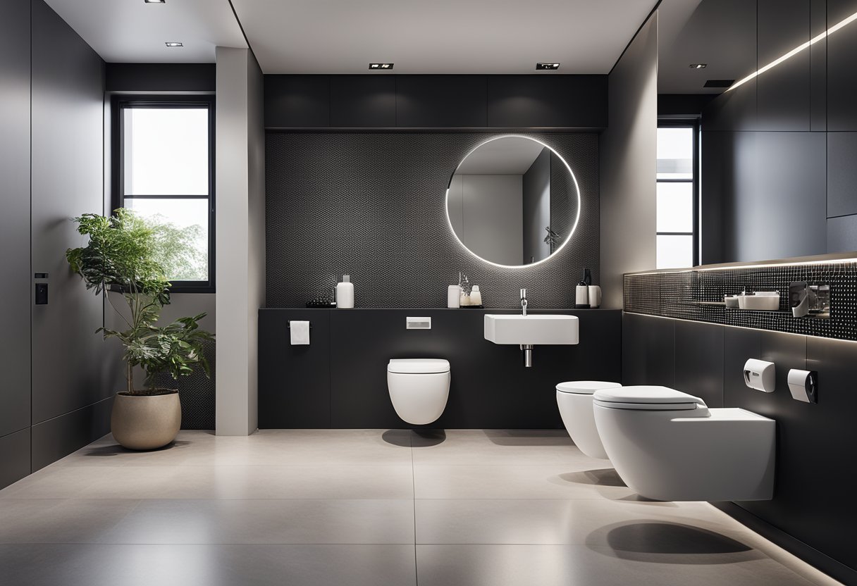 A sleek, minimalist toilet with clean lines and high-tech features. Surrounding it, modern fixtures and a spacious, well-lit bathroom