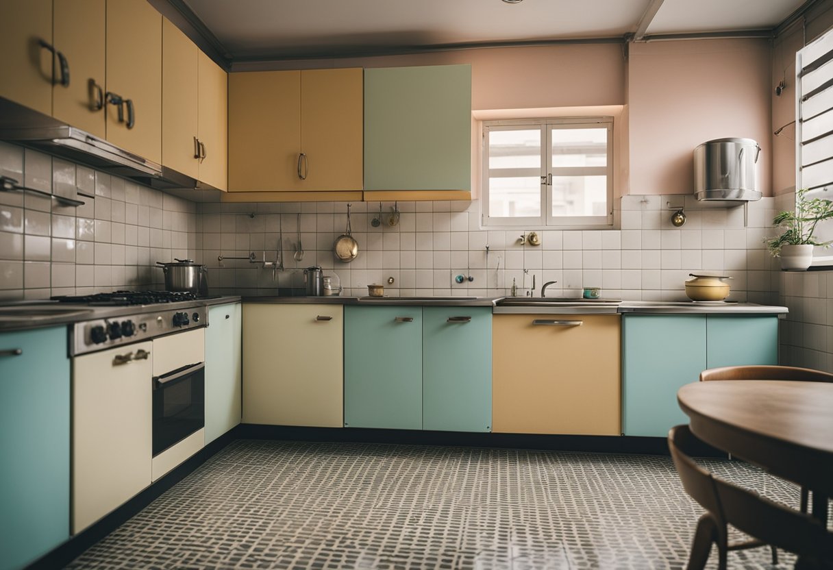 An old HDB kitchen with vintage tiles, wooden cabinets, and a retro stove. The walls are painted in pastel colors, and there are vintage kitchen utensils hanging on the wall