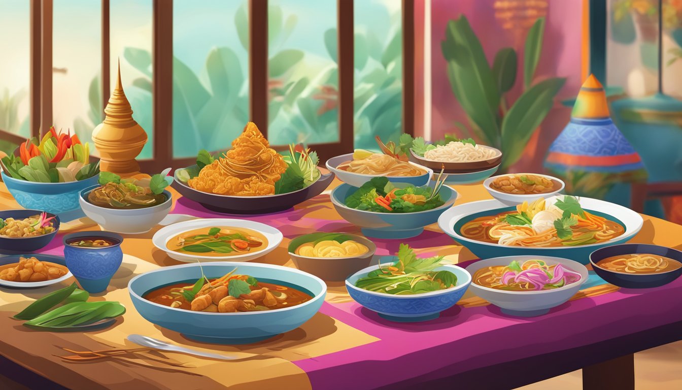 A table set with vibrant Thai dishes, surrounded by colorful decor and traditional Thai music playing in the background