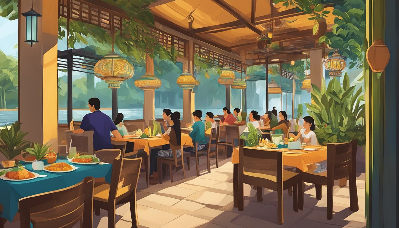 Vibrant Thai restaurant in Singapore, bustling with diners. Aromas of spicy curries and fresh herbs fill the air. Colorful dishes and exotic fruits adorn the tables. Traditional music and warm ambiance create an inviting atmosphere