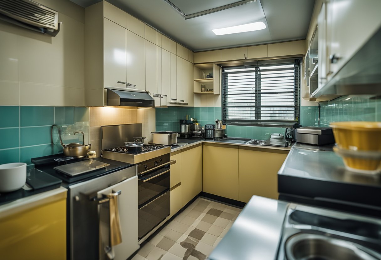 A cluttered, outdated HDB kitchen with worn cabinets and limited counter space. The layout is inefficient and lacks modern amenities