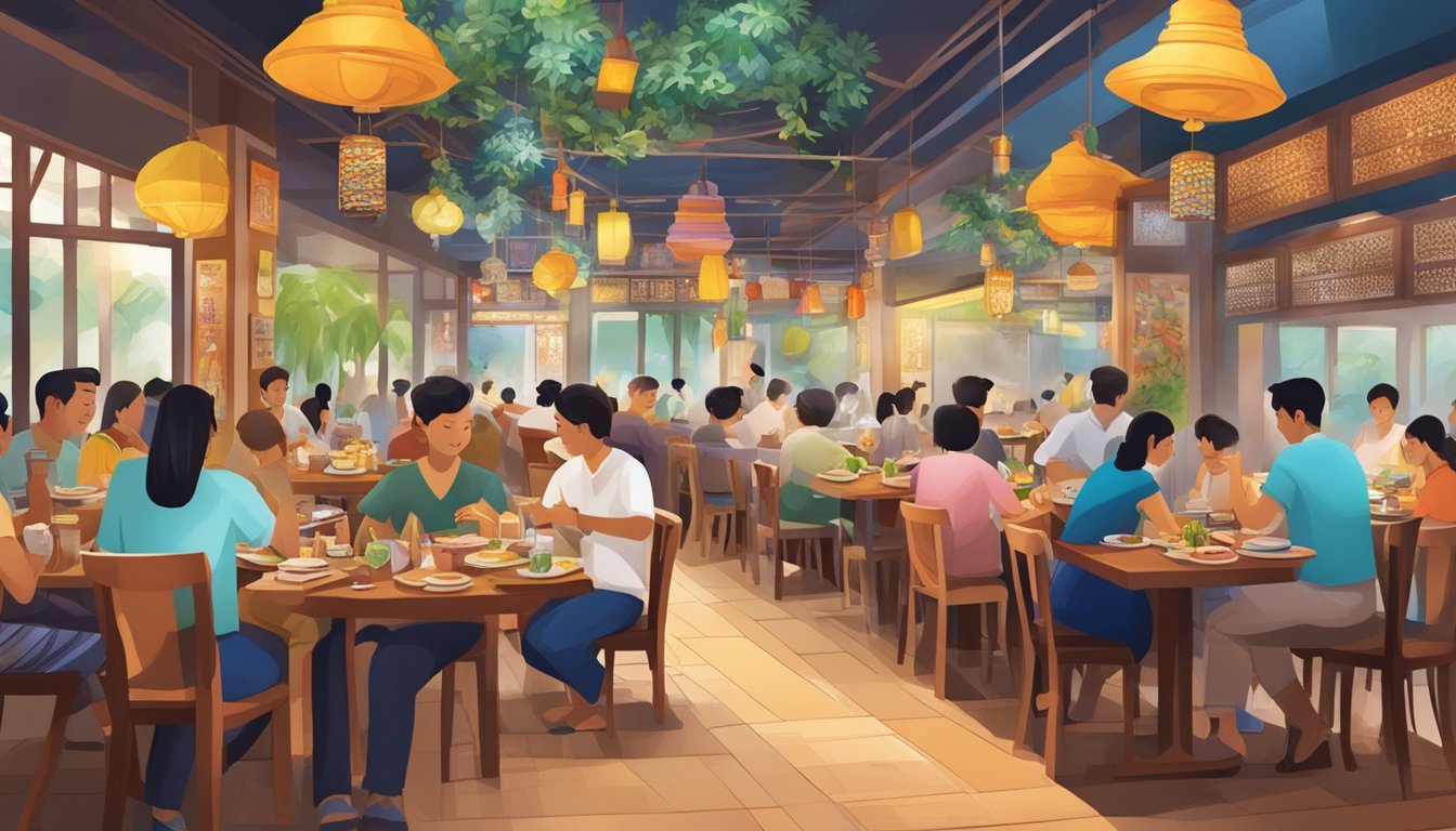 A bustling Thai restaurant in Singapore, with colorful decor, steaming plates of pad thai, and customers enjoying their meals