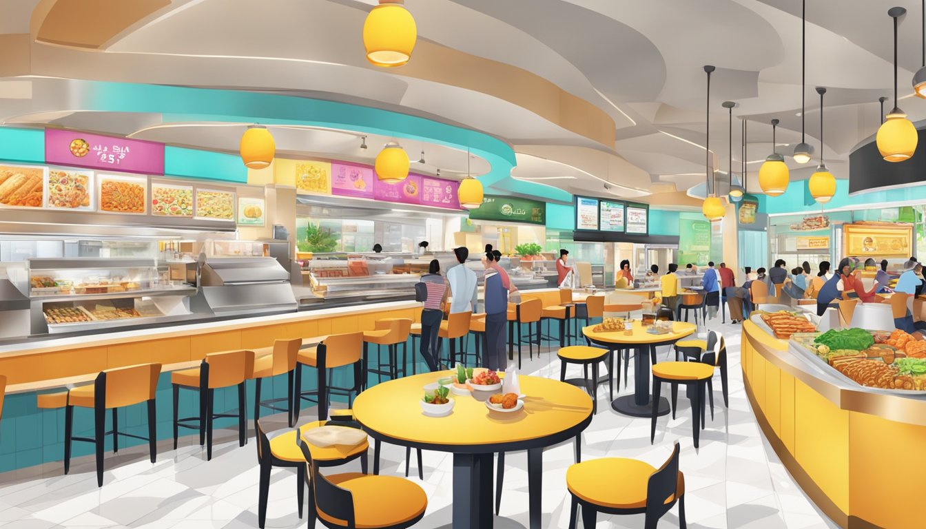A bustling food court at Great World City, with a variety of cuisines and vibrant displays of culinary delights