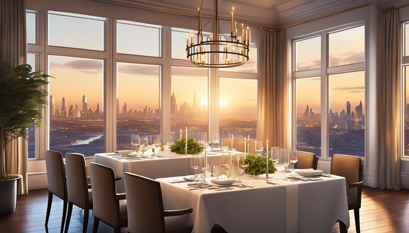 The elegant dining room is bathed in warm light, with white tablecloths and flickering candles creating a cozy ambiance. The city skyline twinkles through the large windows, adding a touch of urban sophistication to the scene