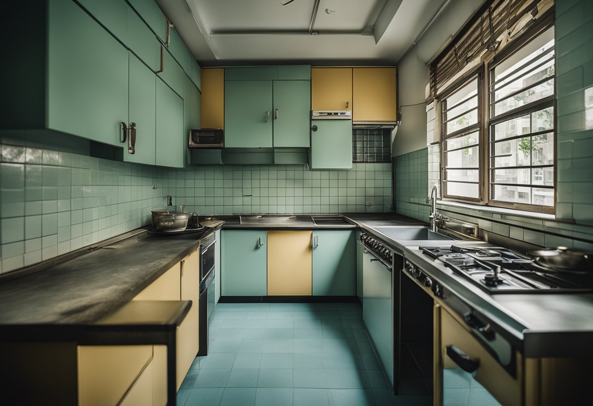 An old HDB kitchen with retro appliances and minimal counter space. Cabinets are worn and faded, with peeling paint. The overall design is outdated and lacks modern amenities