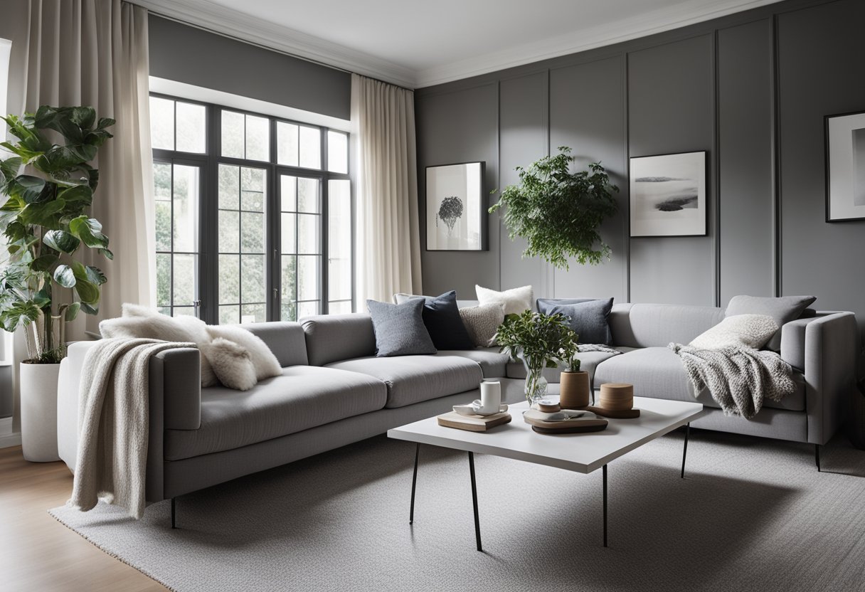 A cozy grey and white living room with a plush sofa, sleek coffee table, and large windows letting in natural light