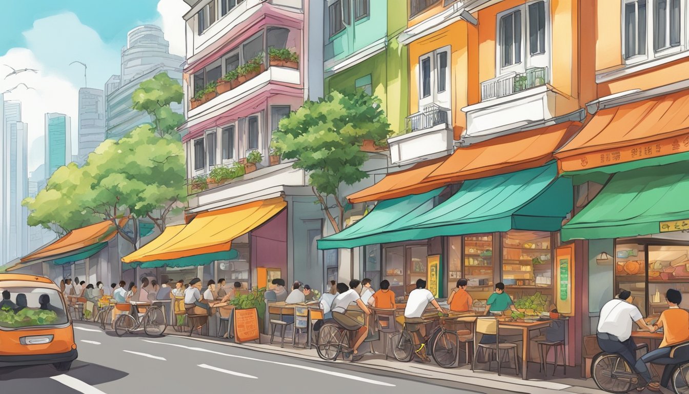 A bustling street lined with colorful, inviting vegetarian restaurants in Singapore. The aroma of fragrant spices and sizzling vegetables fills the air, drawing in passersby with promises of delicious, meat-free meals