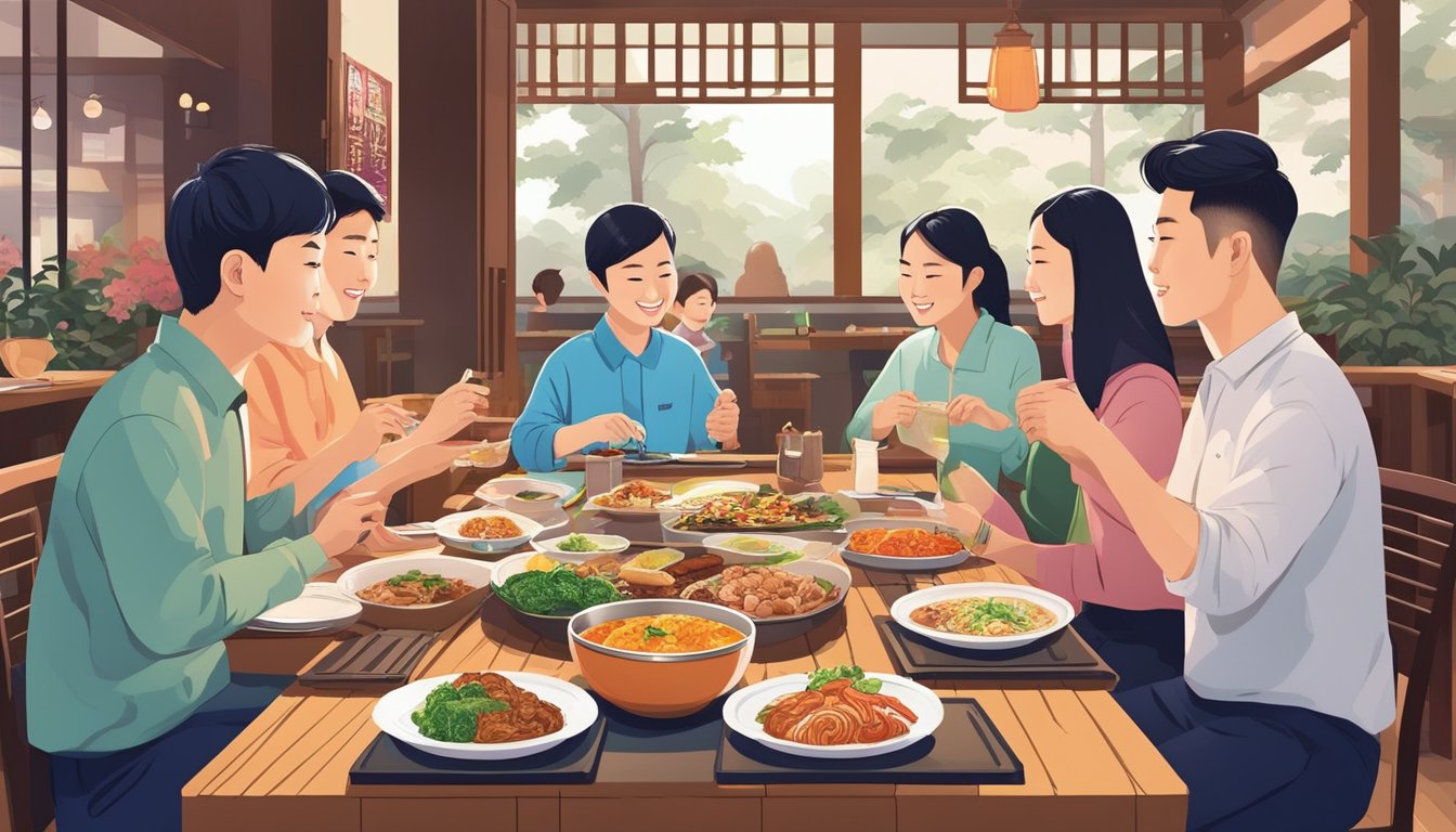Customers enjoy traditional Korean dishes at a vibrant restaurant in Tanjong Pagar. The aroma of sizzling meats and colorful side dishes fills the air, creating a lively and inviting atmosphere