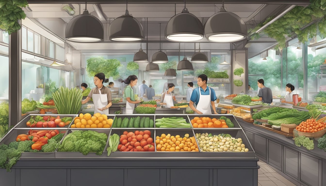A bustling vegetarian restaurant in Singapore, with colorful, fresh produce on display and a focus on health and sustainability