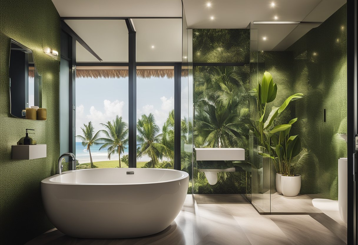 A modern resort toilet with sleek fixtures and a tropical-themed wallpaper, bathed in natural light from a large window
