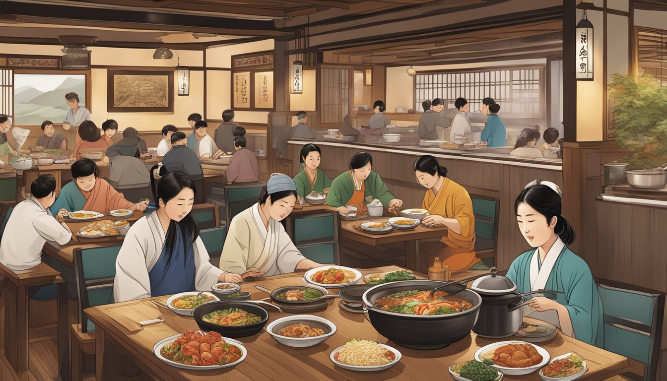 Customers enjoy traditional Korean dishes in a bustling restaurant adorned with Korean cultural decor. The aroma of sizzling meats and savory stews fills the air as diners chat and savor their meals
