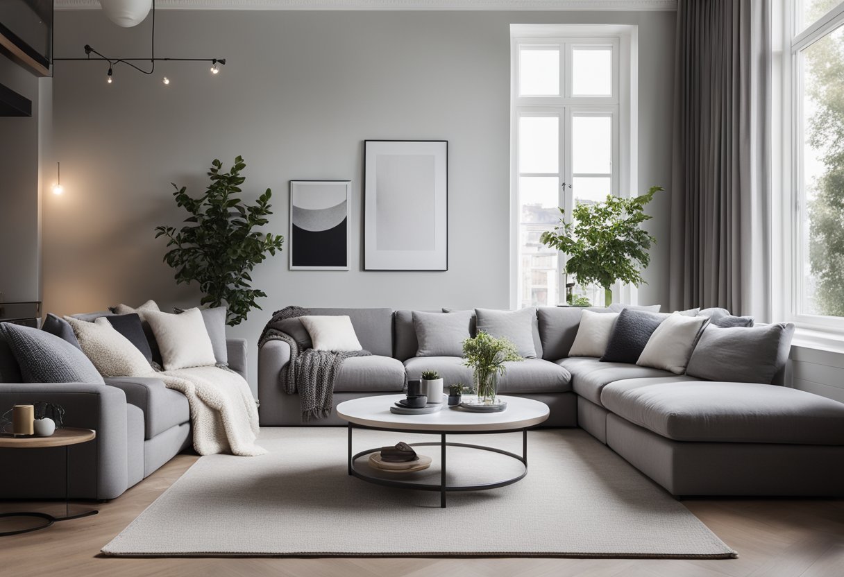 A cozy grey and white living room with a plush sofa, modern coffee table, and soft throw pillows. A large window lets in natural light, illuminating the minimalist decor