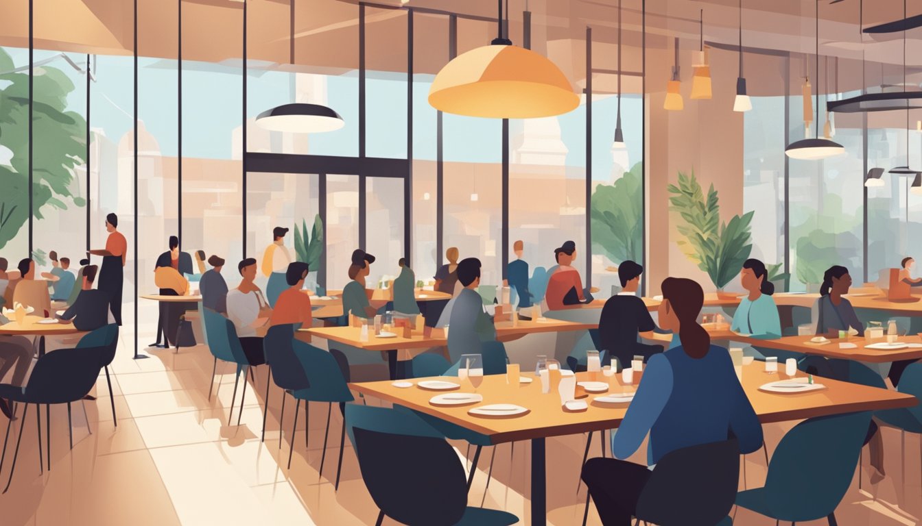 A bustling restaurant with a modern, minimalist interior. Customers are enjoying their meals at sleek tables while servers attend to their needs. The atmosphere is lively and inviting