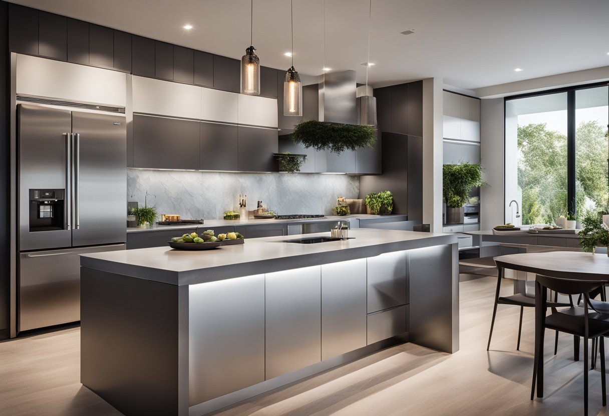A modern sleek kitchen with stainless steel appliances, minimalist cabinets, and a large island with a waterfall countertop