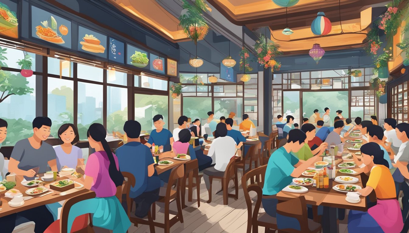 A bustling Korean restaurant in Tanjong Pagar, with diners enjoying traditional dishes and colorful decor