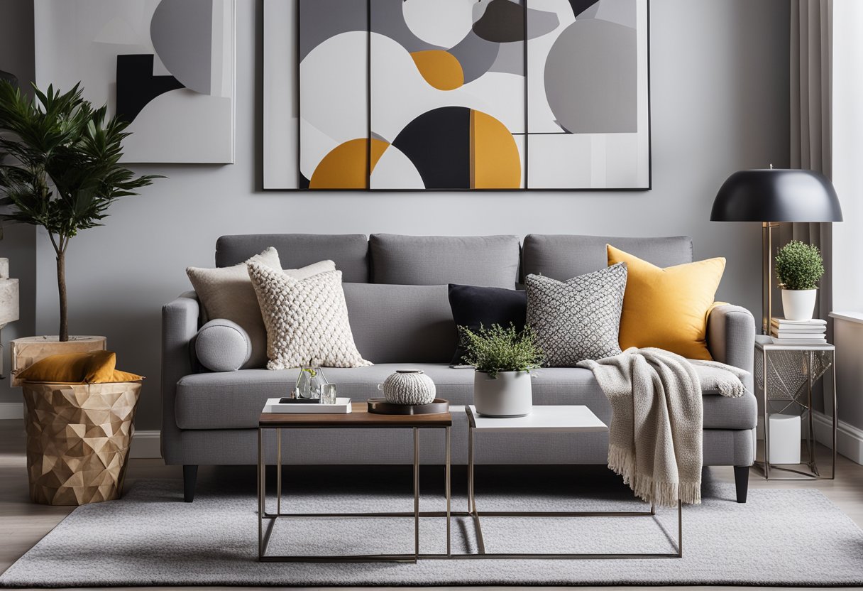 A grey and white living room with a plush rug, sleek furniture, and pops of color in accent pillows and artwork