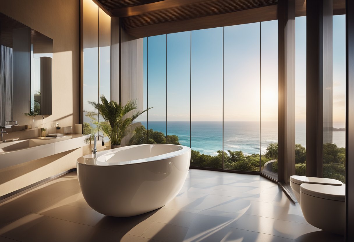 A luxurious resort toilet with modern fixtures, soft ambient lighting, and a panoramic view of the ocean through floor-to-ceiling windows