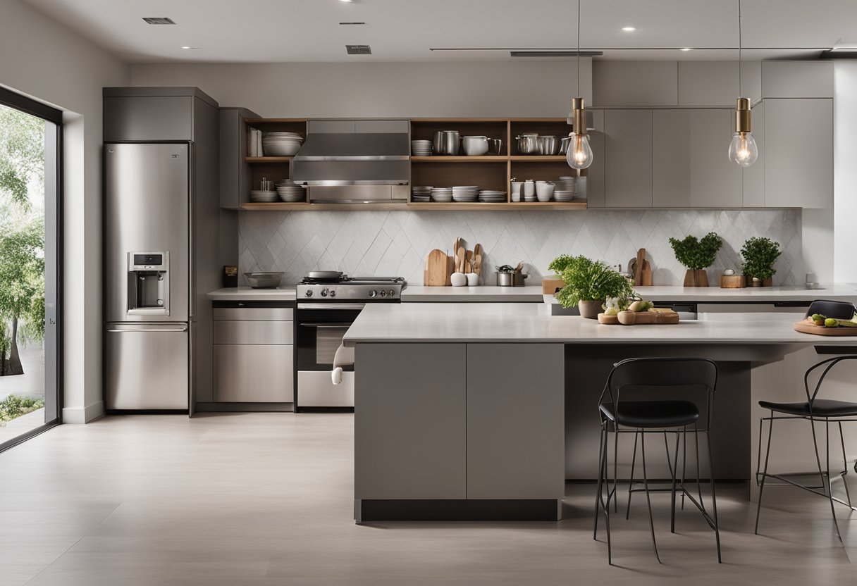 A spacious, minimalist kitchen with clean lines, stainless steel appliances, and a neutral color palette