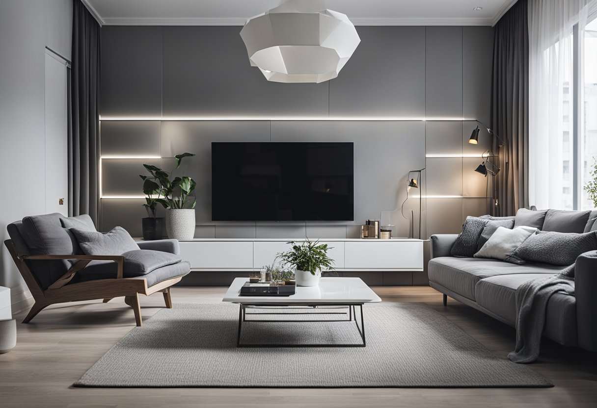 A cozy grey and white living room with modern furniture, large windows, and minimalistic decor