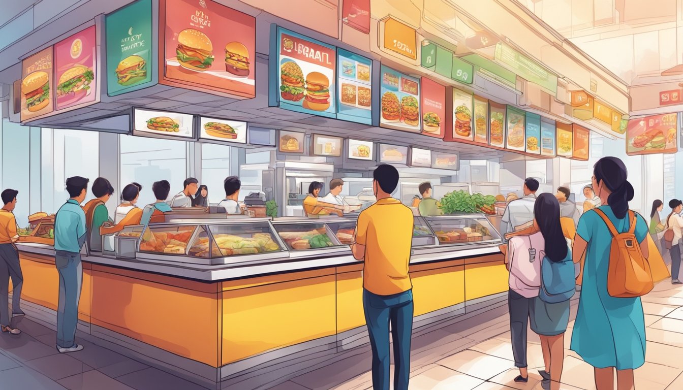 Customers ordering at colorful fast food counters in bustling Singapore restaurants