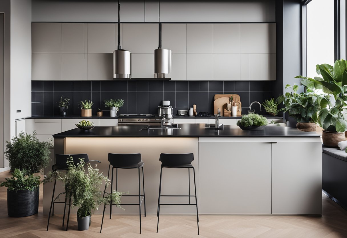 A sleek, modern kitchen with clean lines, stainless steel appliances, and minimalist decor. The space is accented with personal touches such as potted plants, artwork, and unique kitchen accessories