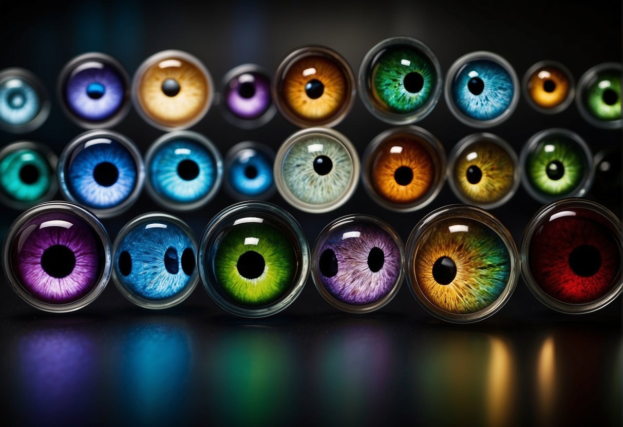 Various eye colors: blue, green, hazel, brown, and rarest, violet and red. Shades range from light to dark