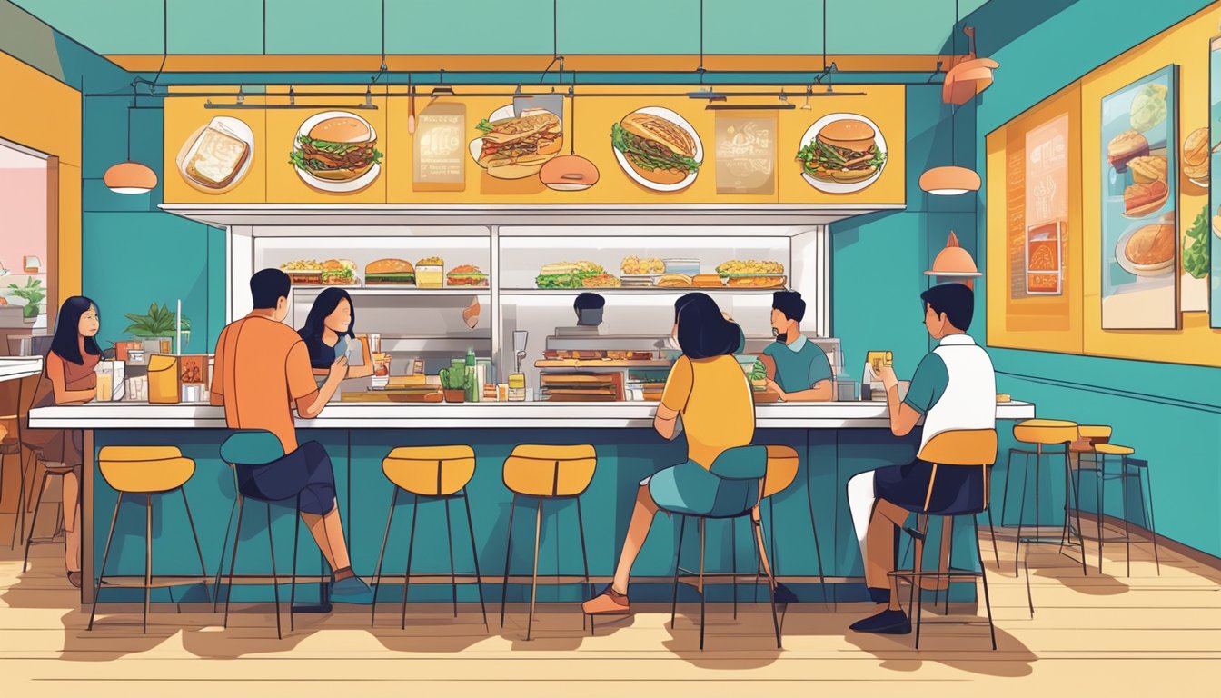 Customers enjoying diverse fast food options in a modern Singaporean restaurant with vibrant decor and efficient service