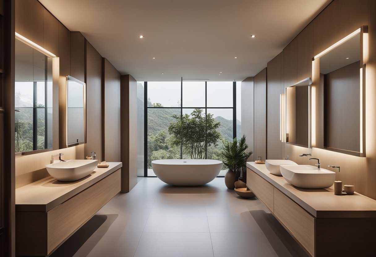 A modern resort toilet with sleek, minimalist fixtures and a neutral color palette. The design features clean lines, natural materials, and subtle lighting for a luxurious and tranquil atmosphere