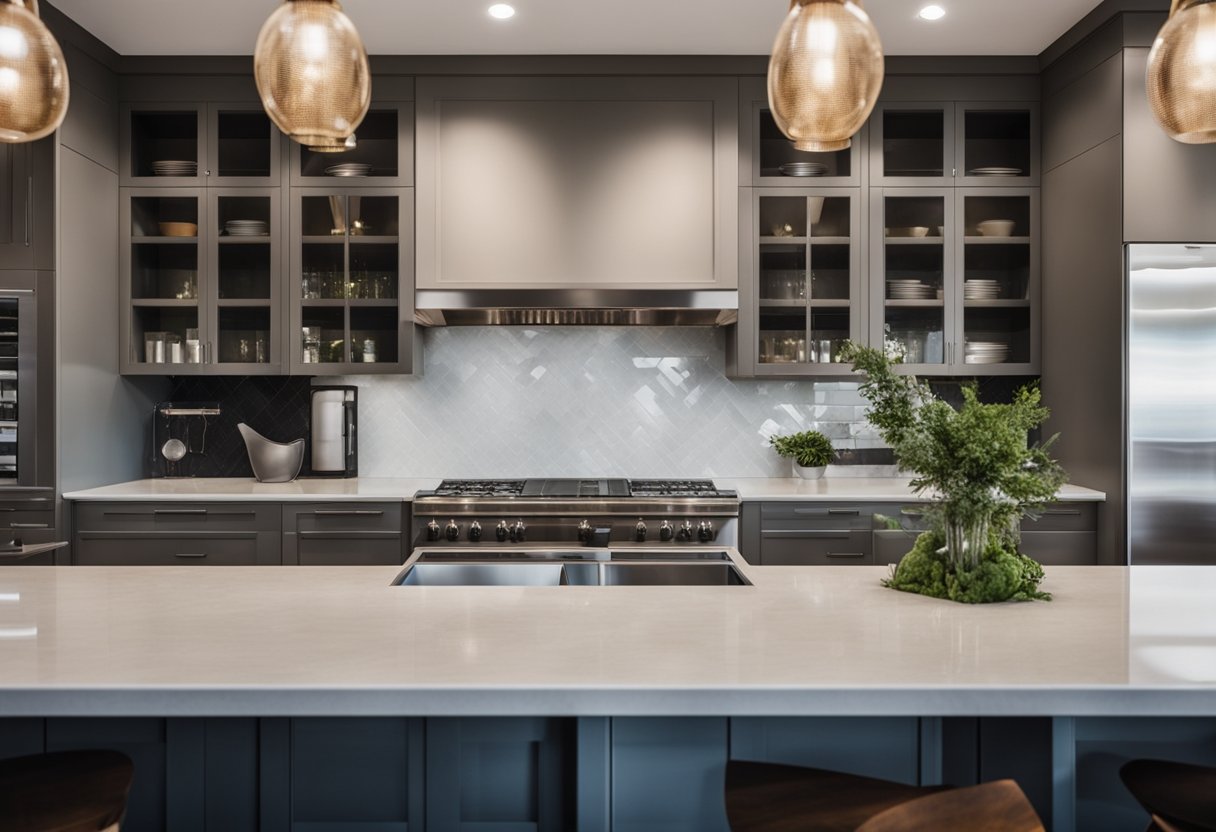 Two identical kitchen counters run side by side, mirroring each other in a symmetrical design