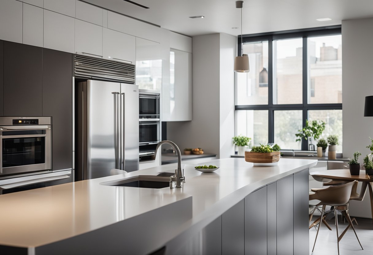 A sleek, modern kitchen with clean lines, stainless steel appliances, and minimalist design. Light pours in from large windows, illuminating the space