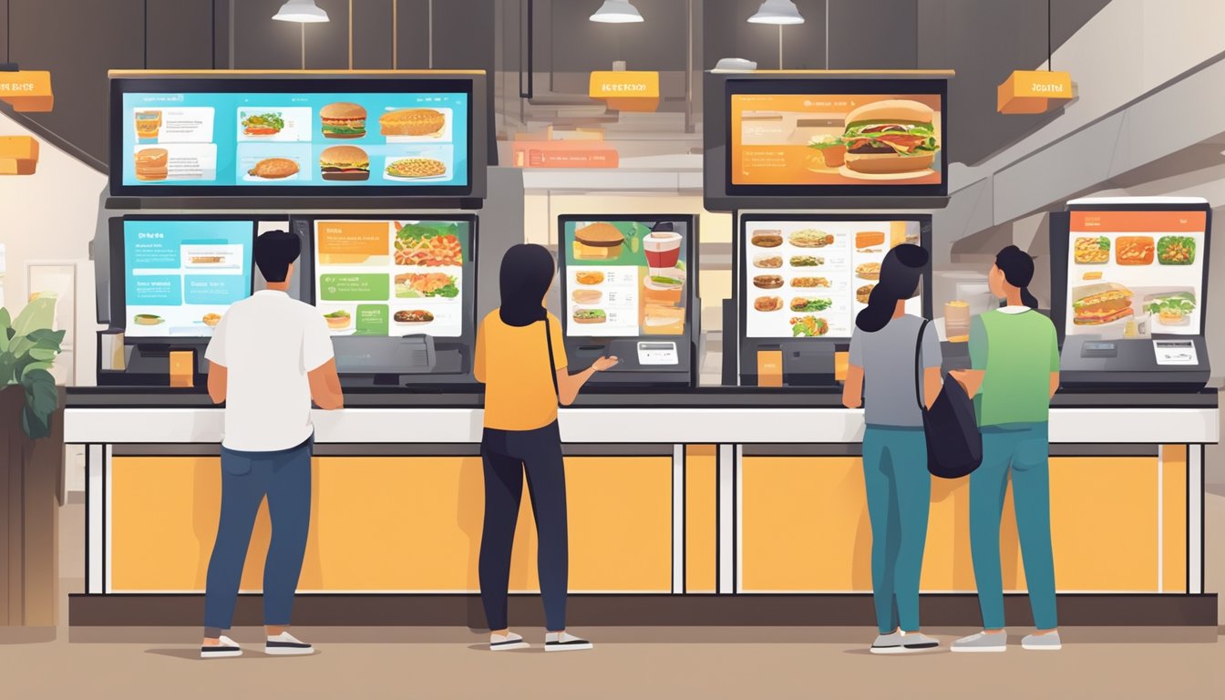 Customers ordering at self-service kiosks in a modern fast food restaurant in Singapore. Menu boards and digital screens display frequently asked questions