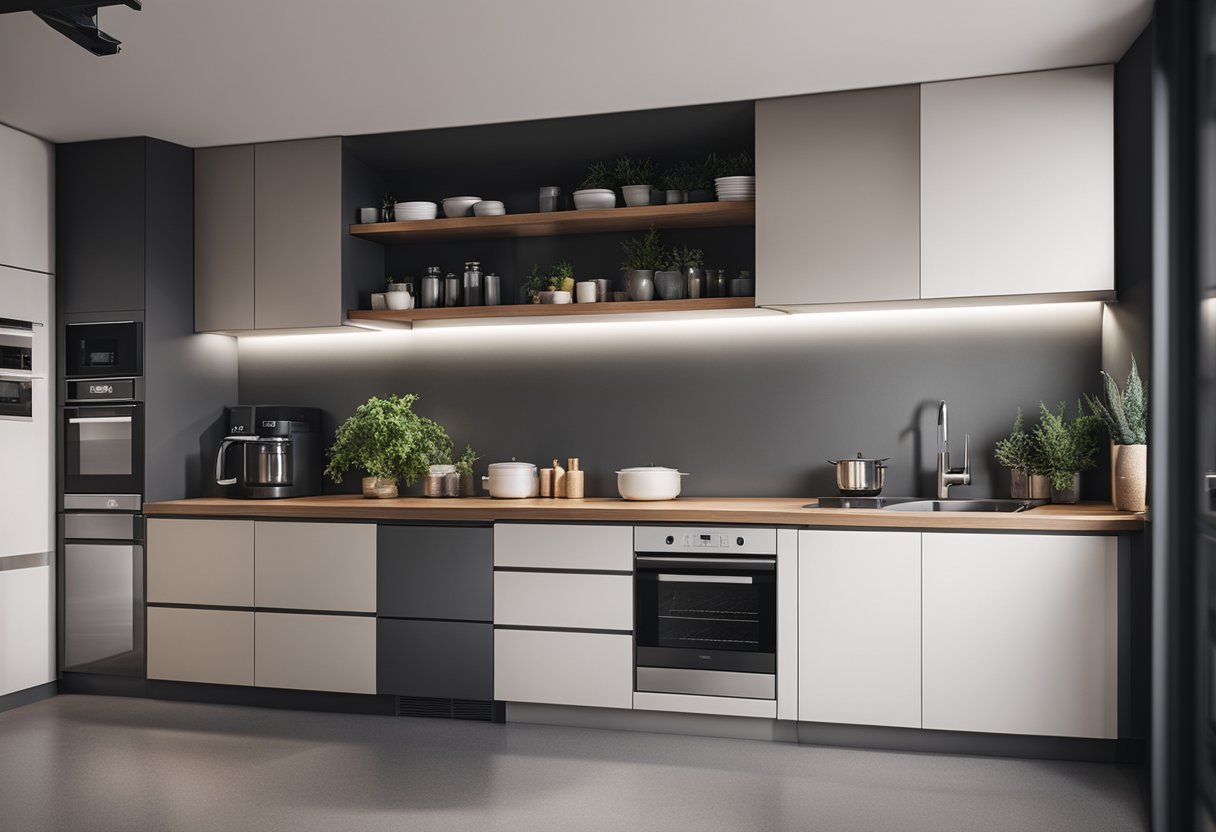 Two parallel kitchen counters with modern appliances and minimalist decor