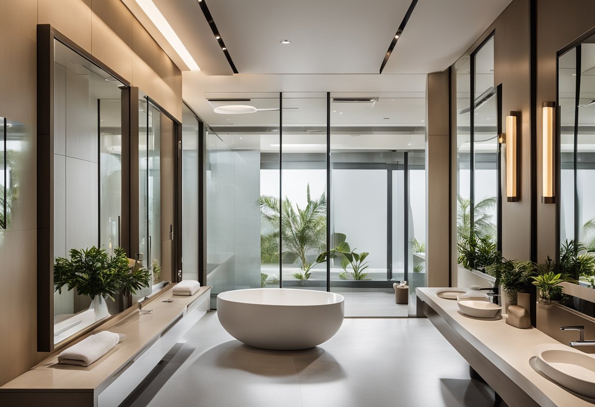 A modern, spacious resort toilet with sleek fixtures, clean lines, and ample natural light. The design is both functional and aesthetically pleasing, with a minimalist color scheme and high-quality materials
