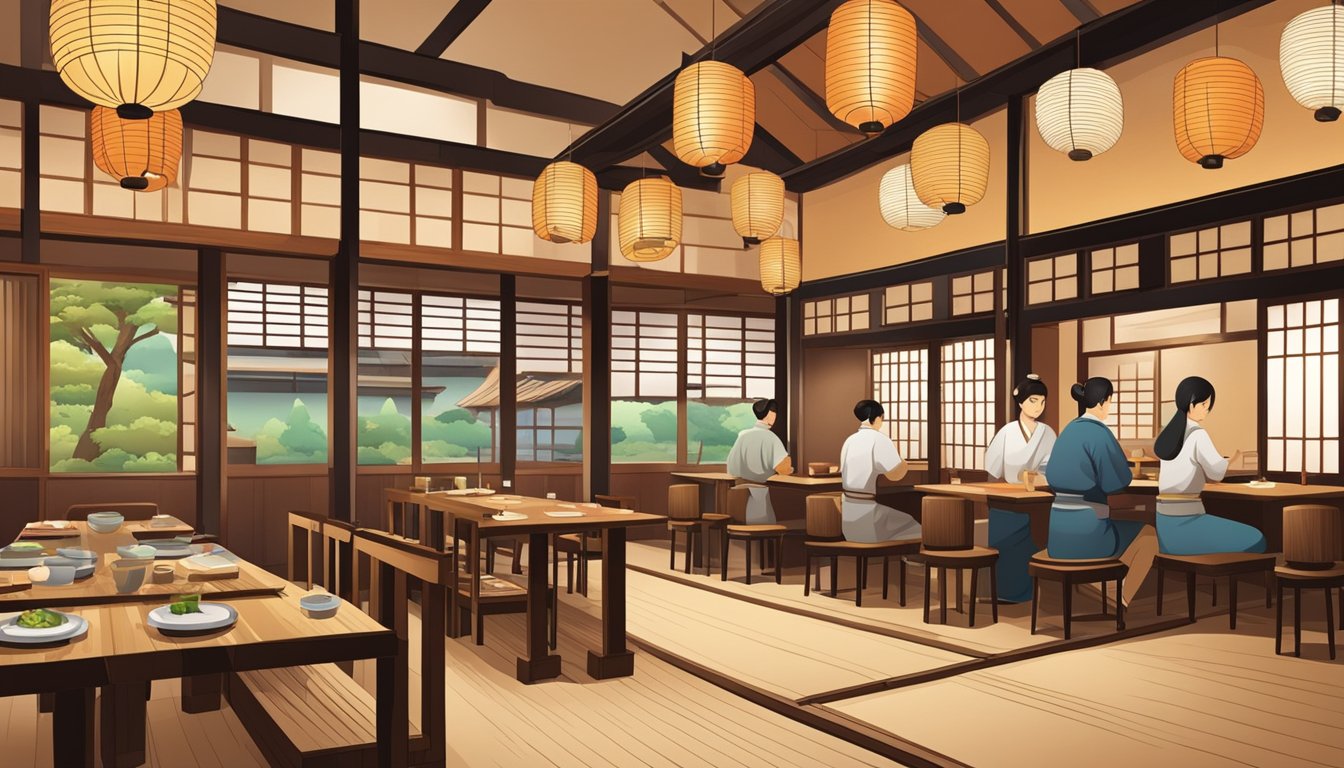 A traditional Japanese restaurant with wooden decor, paper lanterns, and low tables with floor seating. Sushi bar and chefs in the background