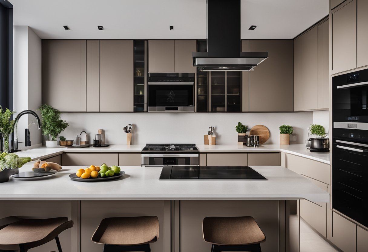 Modern kitchen with sleek appliances and stylish accessories. Parallel counters create a symmetrical design