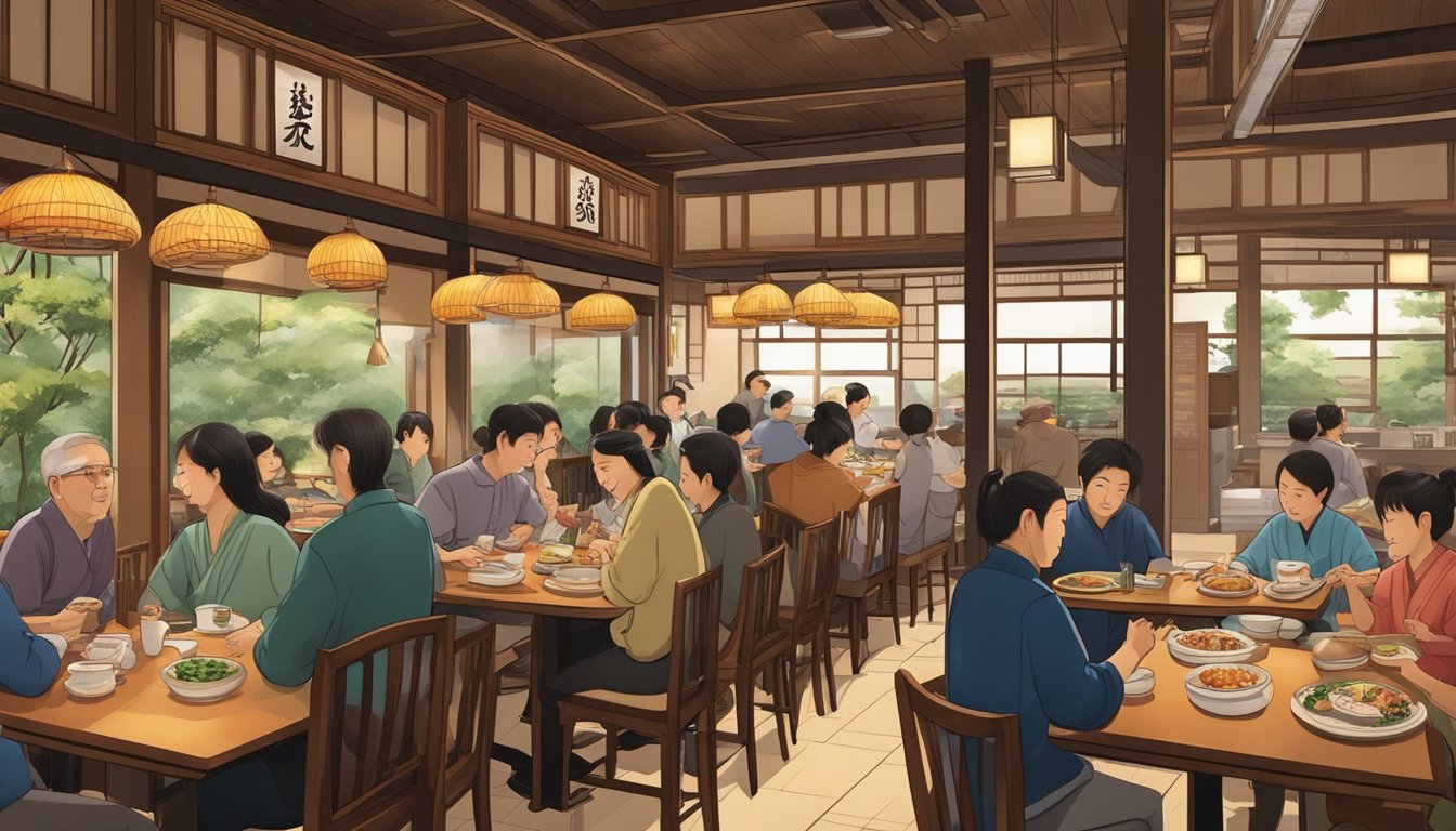 The bustling restaurant is filled with the aroma of sizzling teriyaki and the sound of clinking dishes. Customers chat and laugh while enjoying their meals, surrounded by traditional Japanese decor