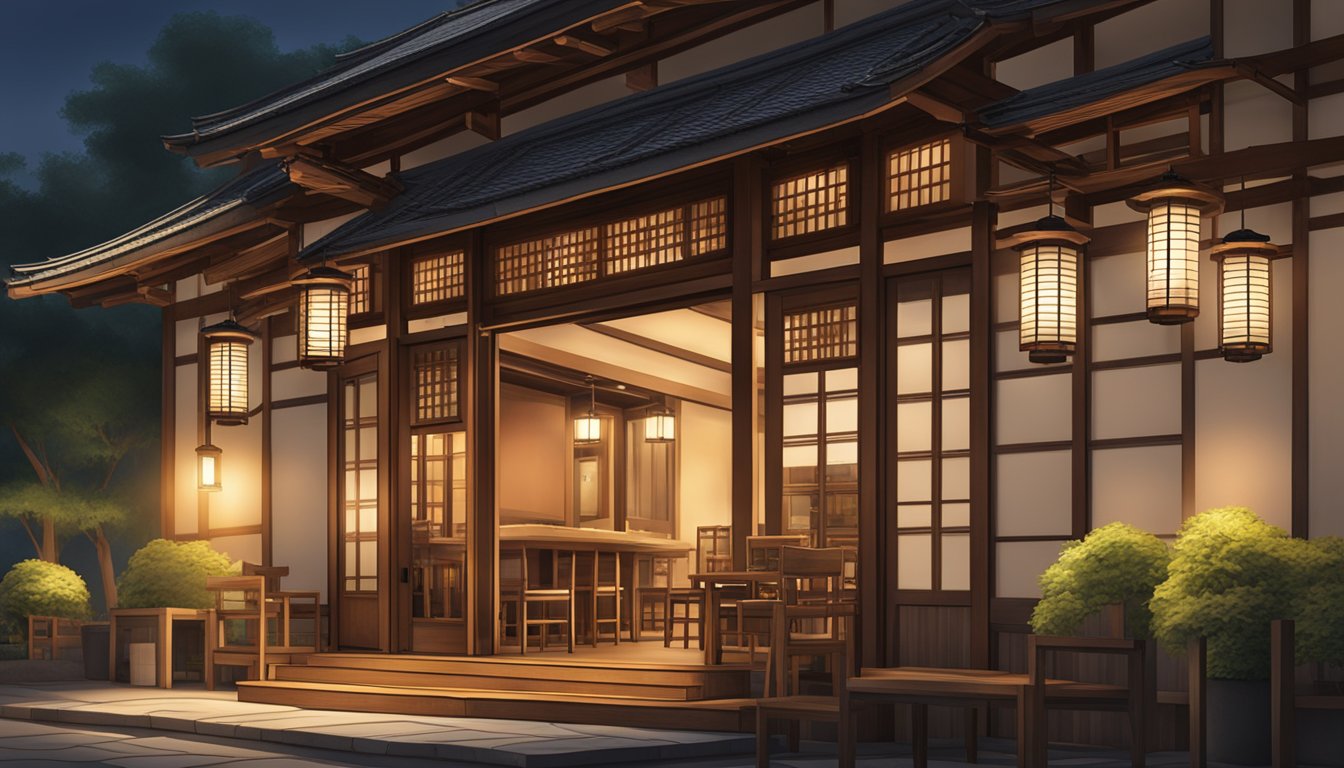 The warm glow of lanterns illuminates the traditional wooden façade of Ikoi Japanese restaurant, inviting patrons inside for an authentic dining experience
