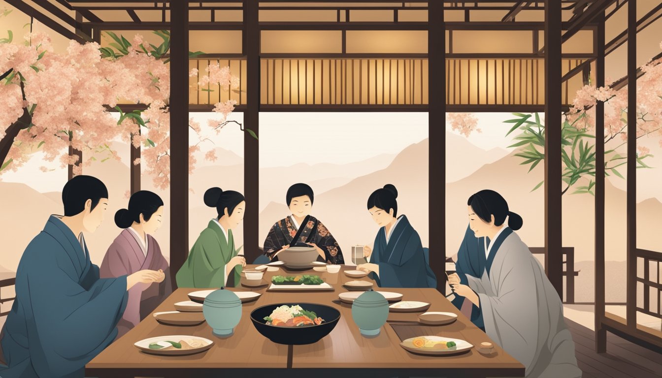 Customers enjoying a traditional Japanese meal in a serene restaurant adorned with bamboo and paper lanterns