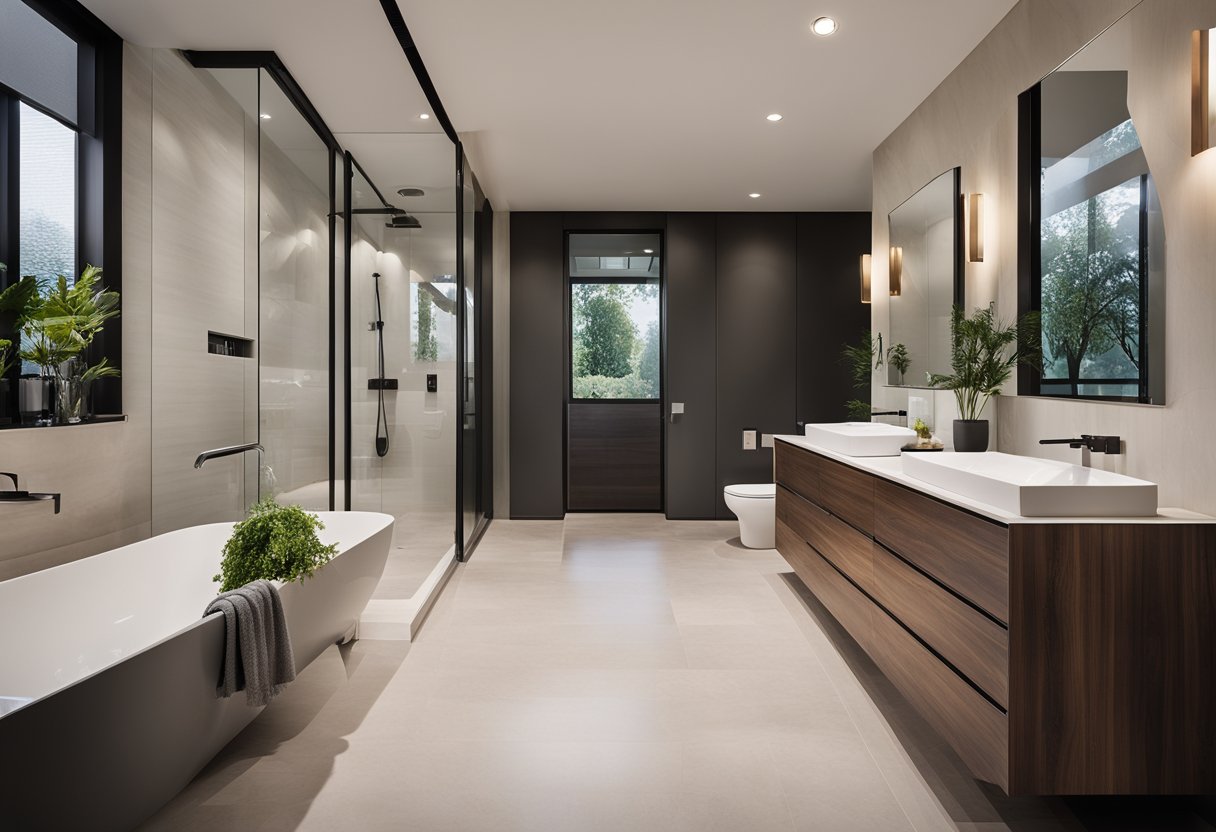 A spacious master bathroom with a modern freestanding tub, sleek double vanity, and a separate enclosed toilet area