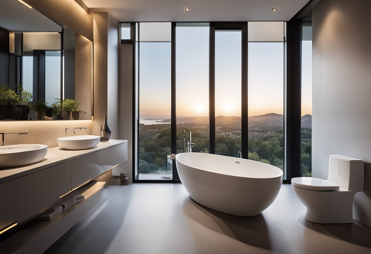 A modern, spacious bathroom with a sleek, freestanding bathtub and a luxurious, high-tech toilet. The room features elegant fixtures, soft lighting, and a large window with a stunning view